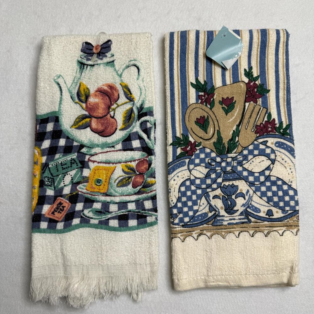 Vintage Woolworth Kitchen Tea Towels Set 2 Cotton Fruit Utensils Country NEW
